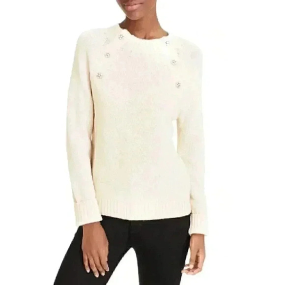 J. Crew Sweater with Floral Jeweled Buttons in Cream Lambswool Blend Preppy - Picture 1 of 7